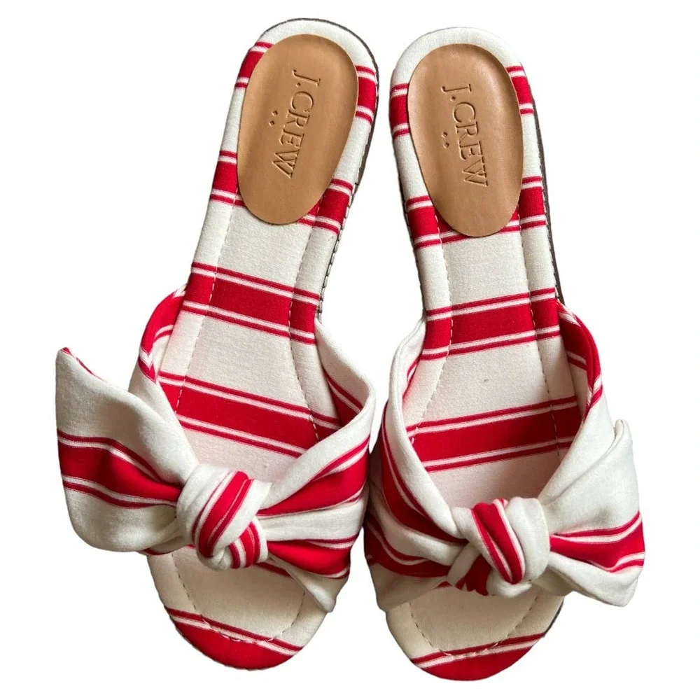J.Crew Red/Ivory Stripe Print Cotton Upper Knot Slide Sandals, US7.5